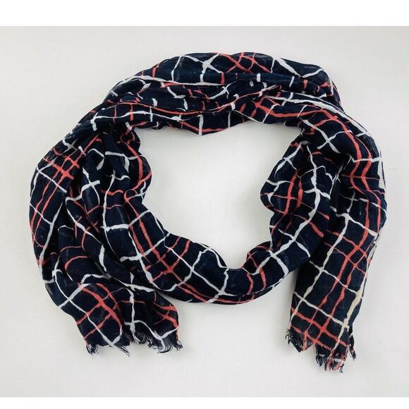 Banana Republic Viscose Scarf Blue Coral Pink White 76" x 25" Raw Fringe Plaid - Picture 1 of 6